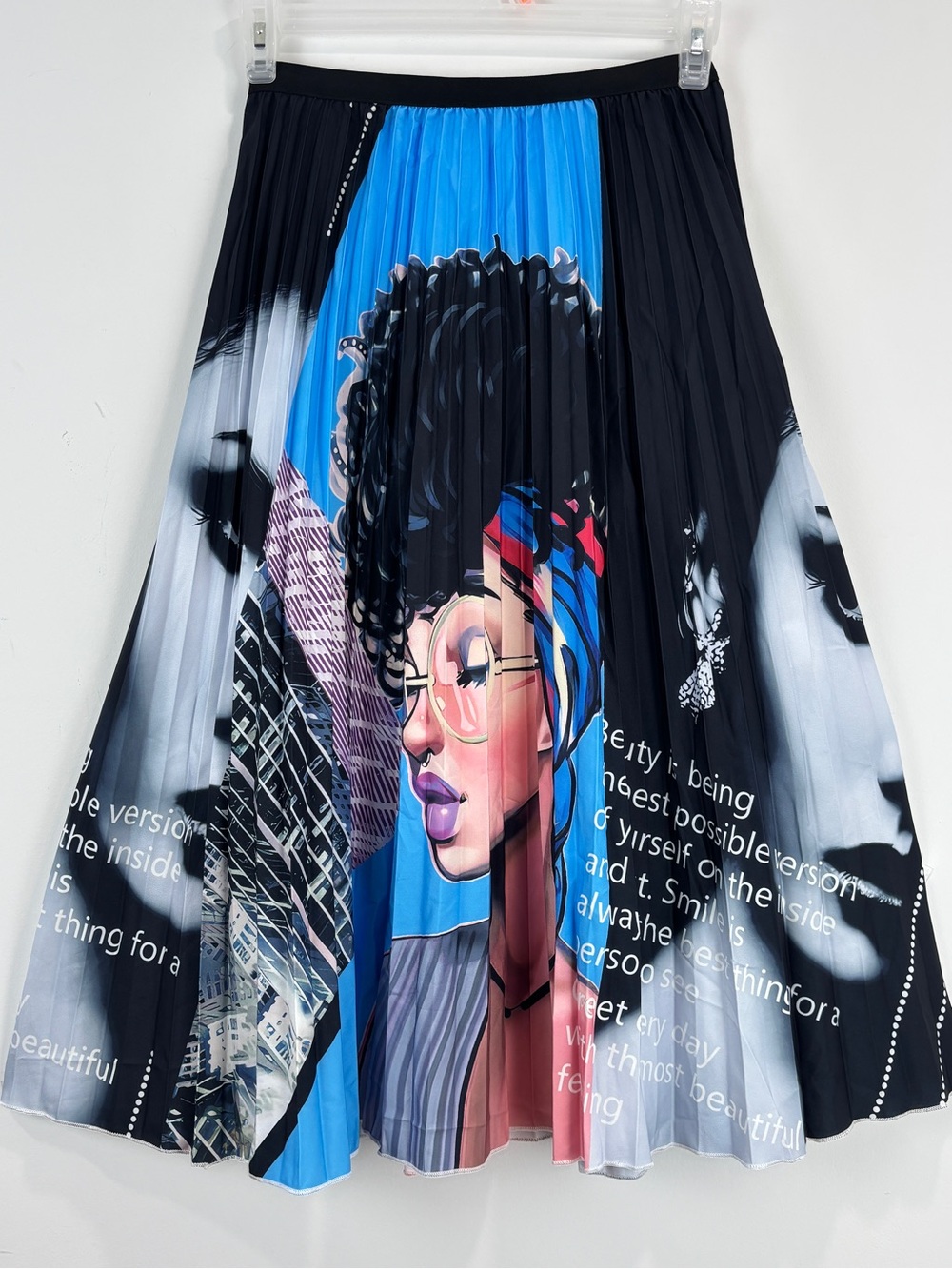 Artsy Pleated Midi Skirt Graphic Face Print Statement Skirt Abstract Sz M Art